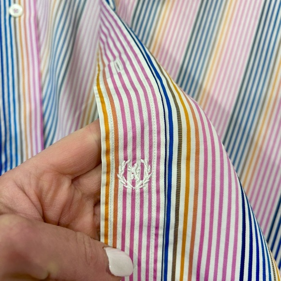 Bugatchi Uomo Men’s Dress Shirt Pink Blue Yellow Stripe Classic Fit Button Up XL - Picture 12 of 15